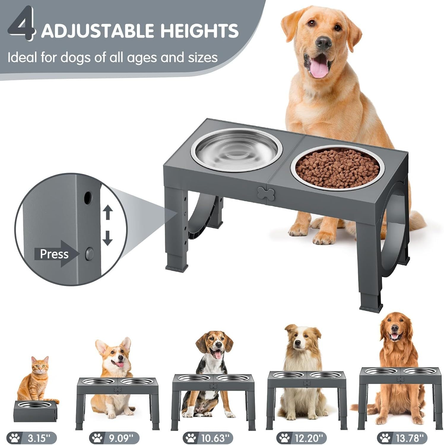XIA Z Fashion Pet Products – Black Dog Bowl Holder with Double Stainless Steel Feeding Bowls, Non-Slip Elevated Stand