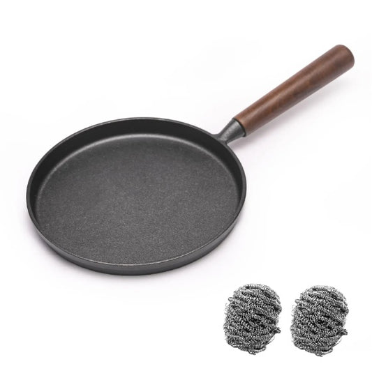 Wangyuanji 7.9‑Inch Cast‑Iron Pizza & Pancake Pan – Uncoated Skillet with Wooden Handle, Indoor & Outdoor Use