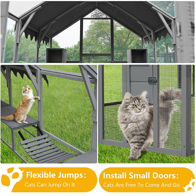 Outdoor Cat House Enclosure – Large Cat Fence with Upgraded Waterproof Cover (Grey)