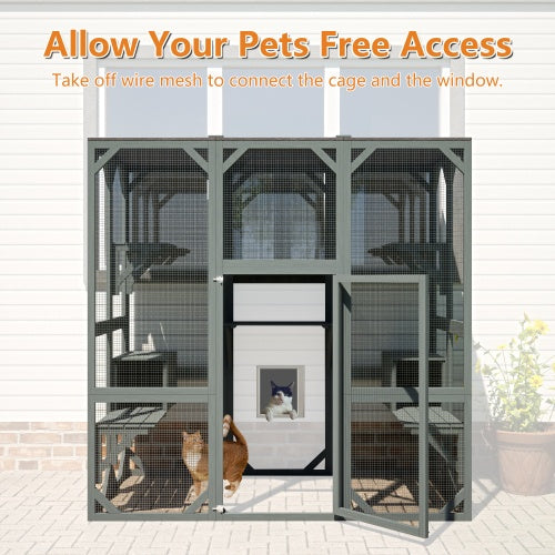 Outdoor Wooden Cat House & Large Cat Cage – Multi-Level Enclosure with Jump Platform, Apartment & Weather-Resistant Roof
