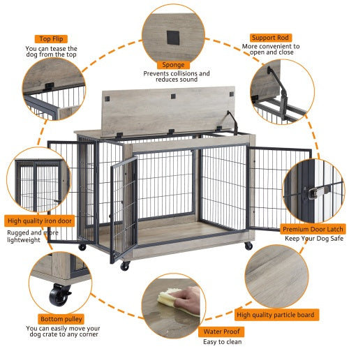 Furniture-Style Dog Cage – Grey Wooden Side Table with Wheels, Double Doors & Raised Top for Small & Medium Dogs