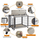 Furniture-Style Dog Cage – Grey Wooden Side Table with Wheels, Double Doors & Raised Top for Small & Medium Dogs