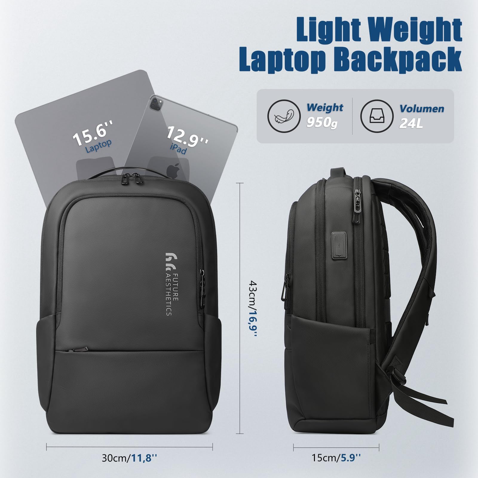 HK Slim Business Laptop Backpack with USB Charging Port & Anti-Theft Pocket – 15.6 Inch, Black