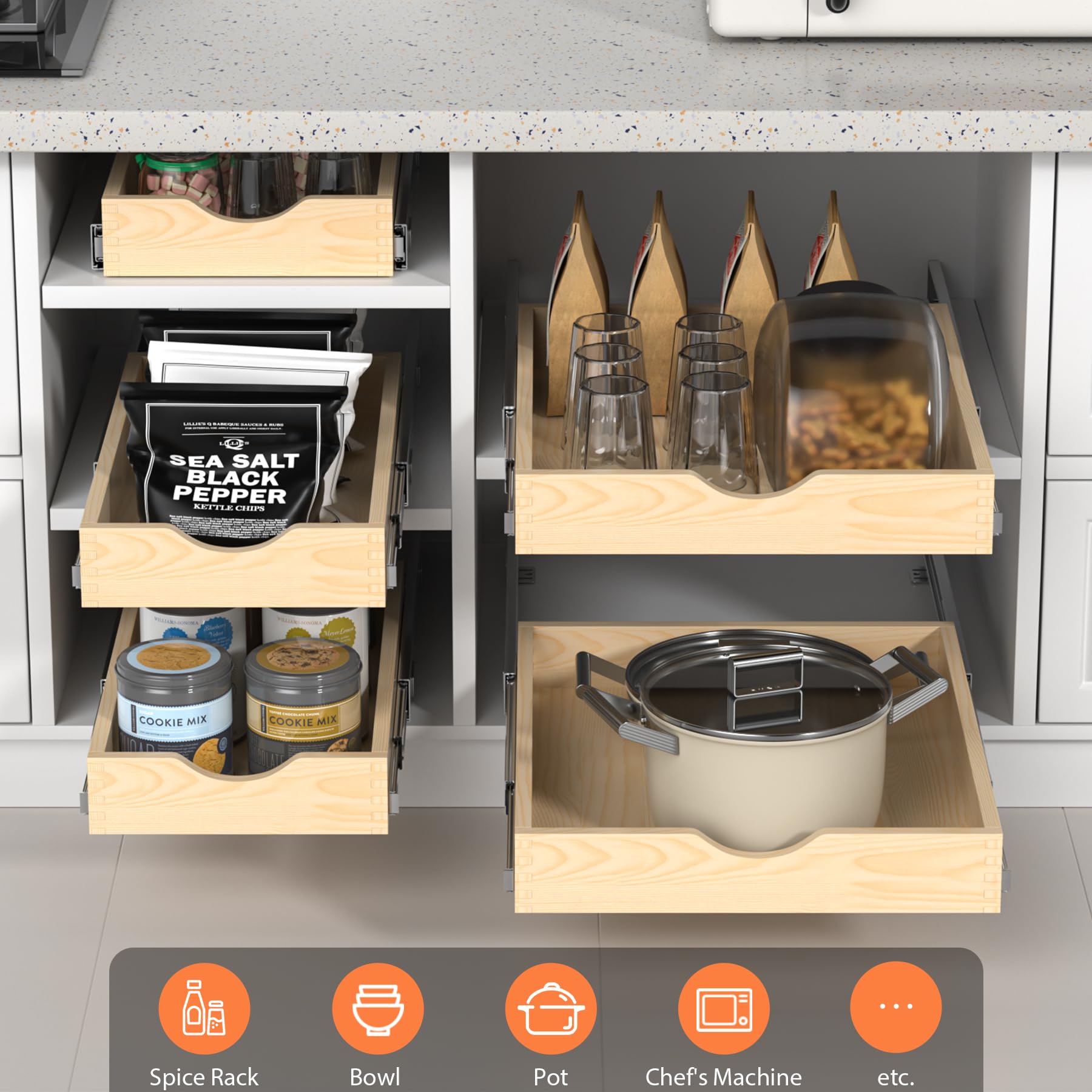 Solid Wood Pull-Out Cabinet Organizer with Soft-Close Slides – Heavy-Duty Slide-Out Drawer Shelf for Kitchen & Pantry