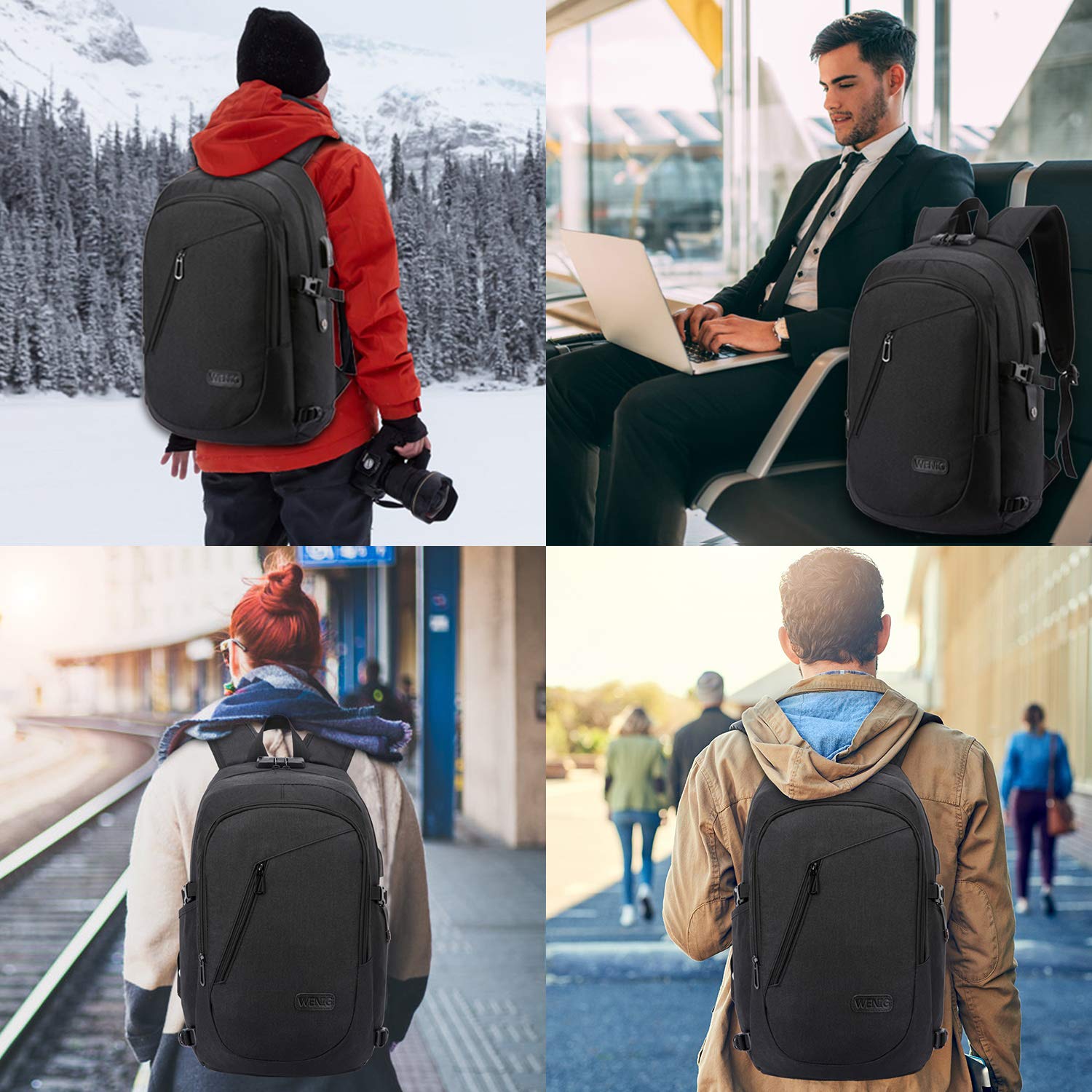 WENIG Anti-Theft Travel Laptop Backpack with USB Charging Port & Lock – 15.6 Inch, Black