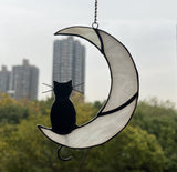 Black Cat on White Moon Stained Glass Suncatcher – Handmade Window Ornament for Halloween & Home Décor