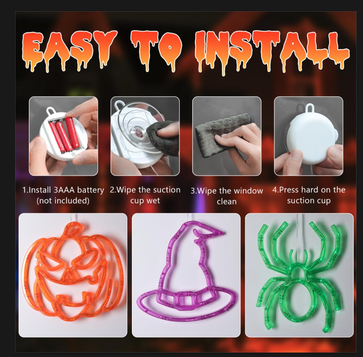 Halloween Window Lights Set – Pumpkins, Witch Hats & Spider LED Decor with Timer & Dual Lighting Modes (Battery Operated)