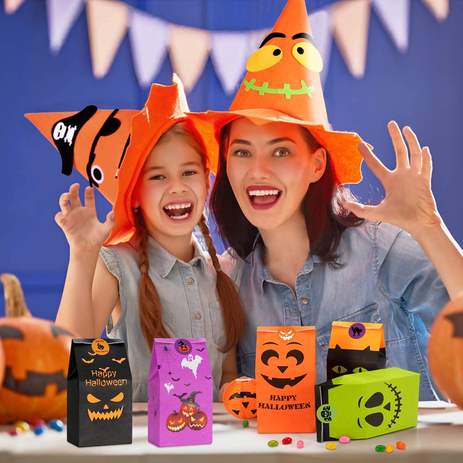 Halloween Candy Treat Bags – 80-Pack Trick-or-Treat Paper Gift Bags with 84 Stickers (10 Designs, Kids Party Favors)