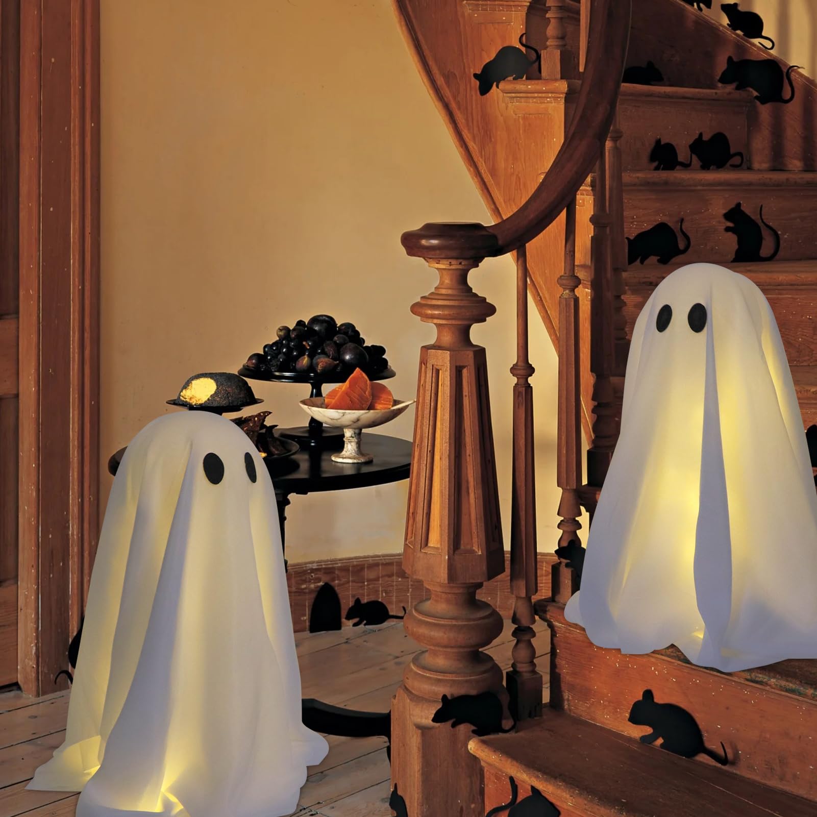 Light-Up Standing Ghost Decorations – 20" White Glowing Halloween Figures with Fabric & LED String Lights (Set of 3)