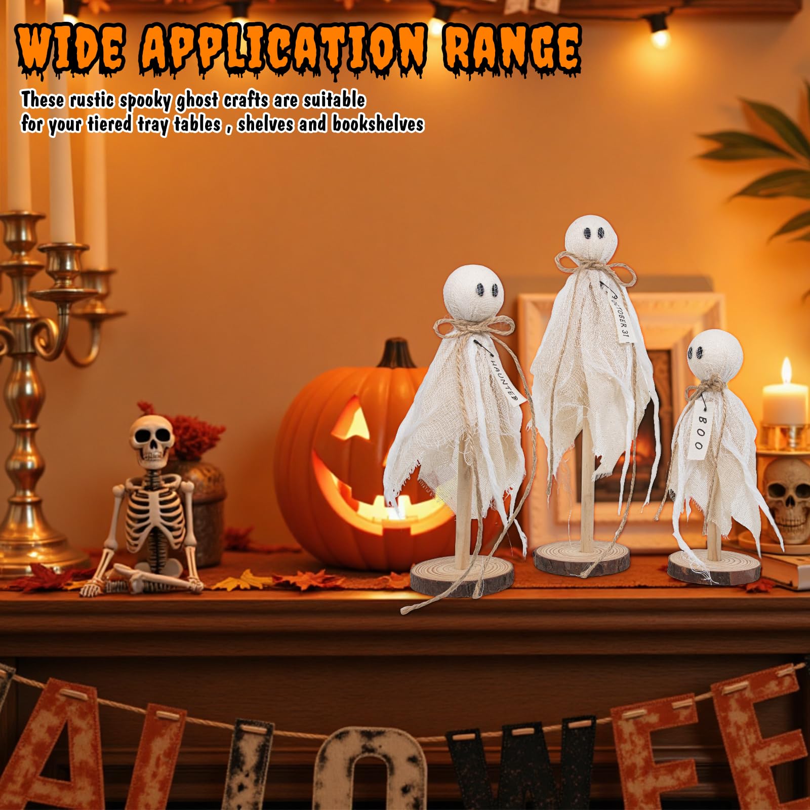 Rustic Wooden Ghost Trio – Farmhouse Halloween Decorations with BOO & Haunted Labels, 3 Sizes