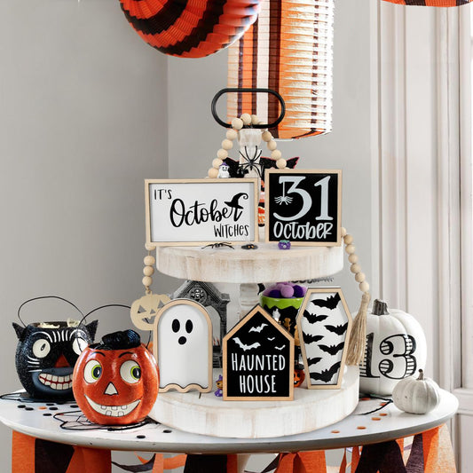 Halloween Wooden Tiered Tray Signs – 5-Piece Black & White Mini Decor Set with Bead Garland (Spooky Home Decorations)