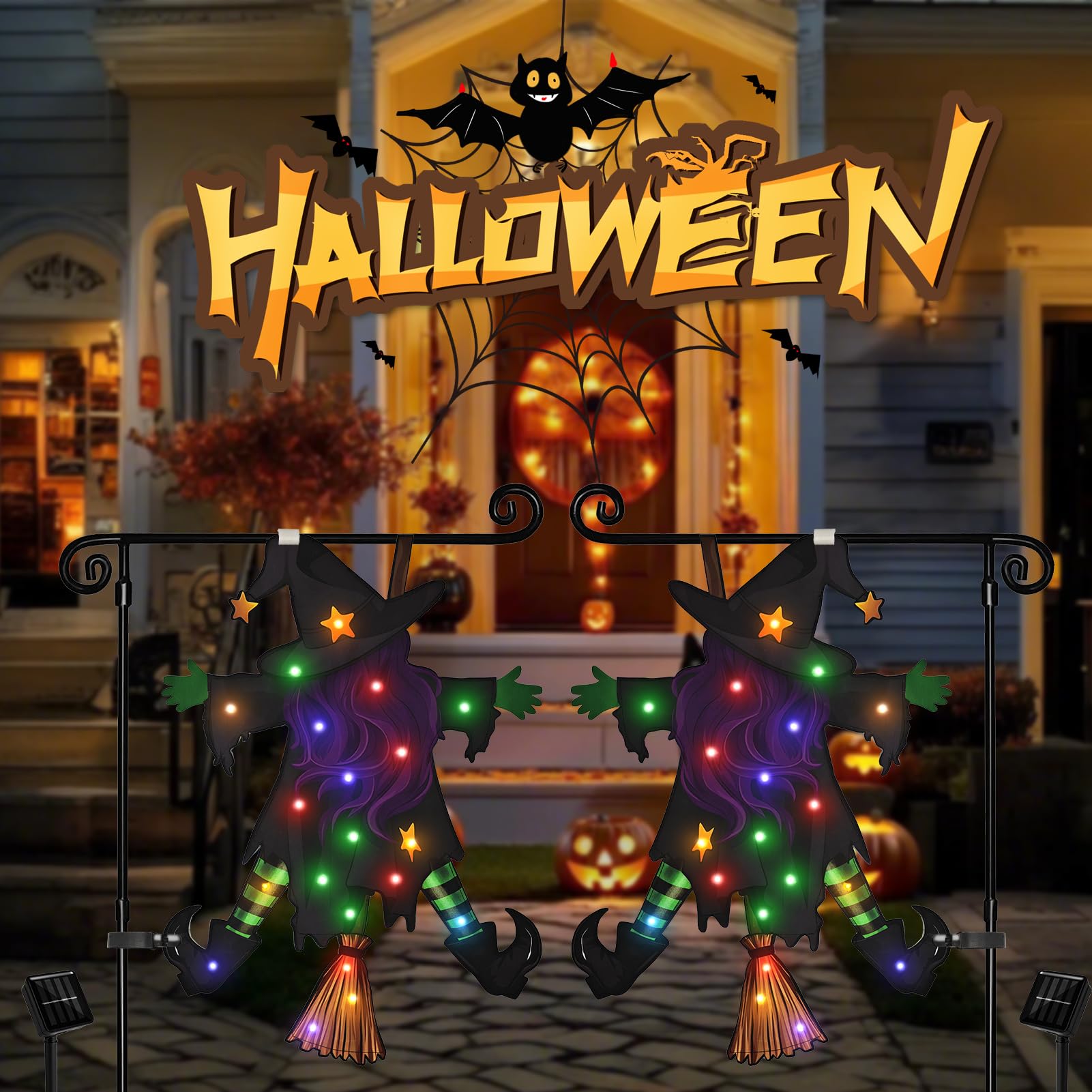 Solar Lighted Halloween Garden Flag – 23x16" Double-Sided Witch Design with 8 Lighting Modes & Weatherproof Fabric