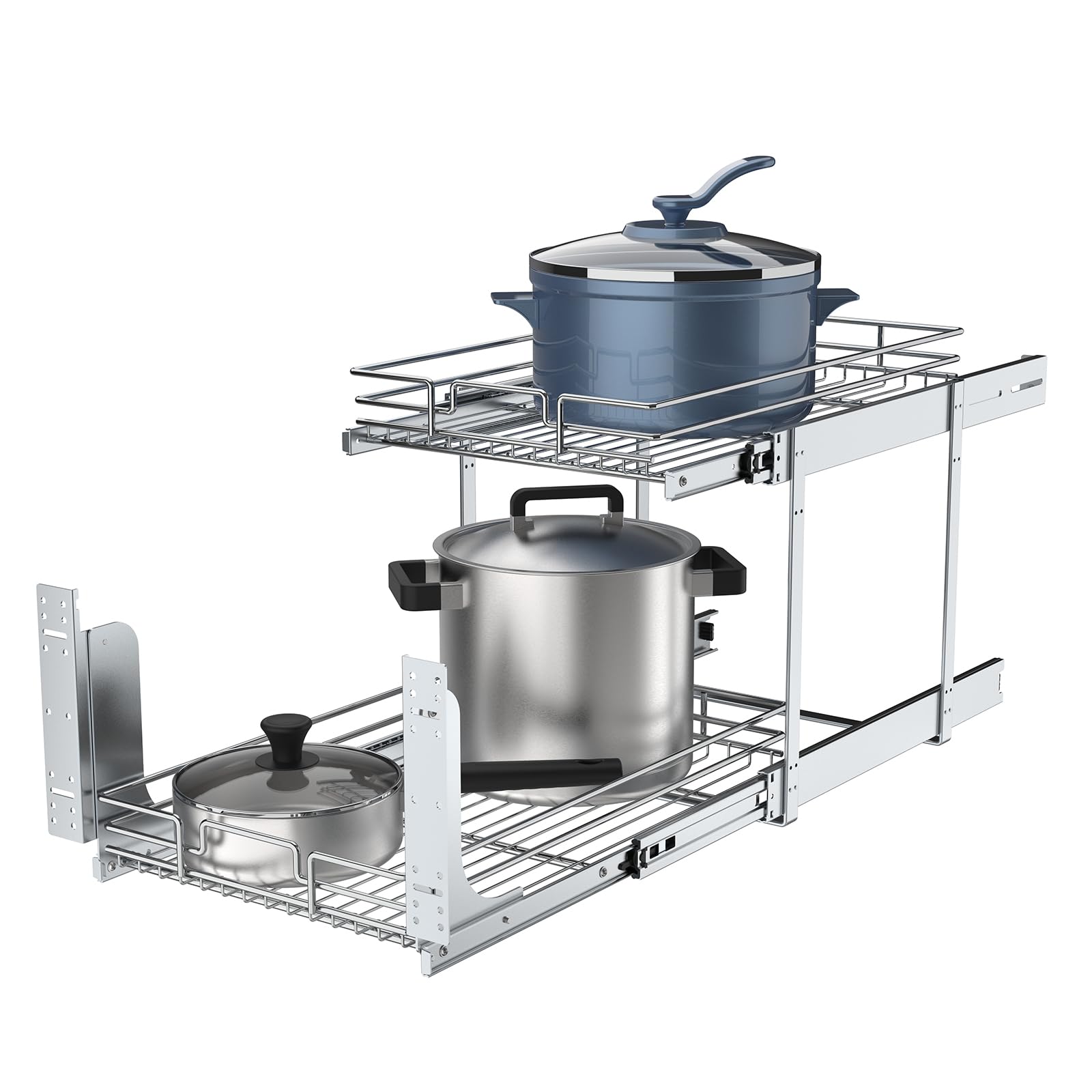 2-Tier Chrome Pull-Out Cabinet Organizer – Heavy-Duty Adjustable Slide-Out Shelves for Base Cabinets (No Door Mount)