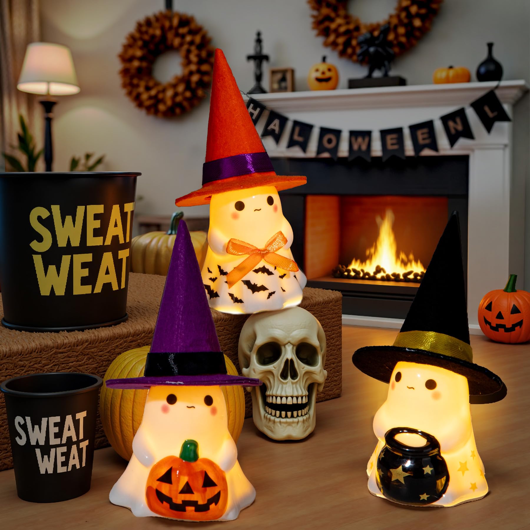 Set of 3 Ceramic Ghost Figurines with Colorful Hats – Cute Halloween Tabletop Decorations for Home, Mantel & Party