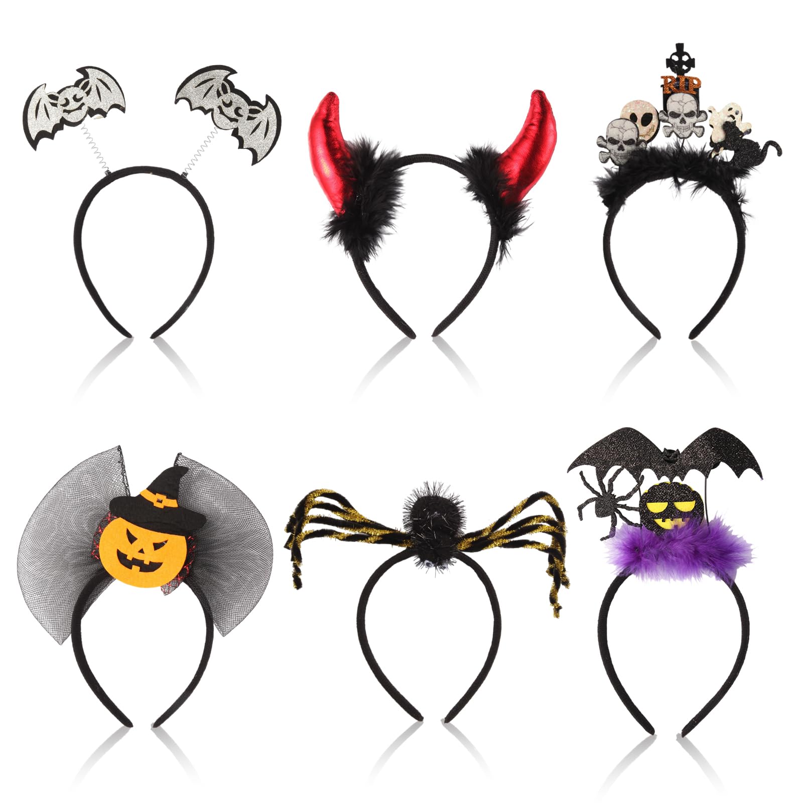 6-Pack Halloween Glitter Headbands – Witch Hat, Pumpkin & Bat Hair Accessories for Women & Kids