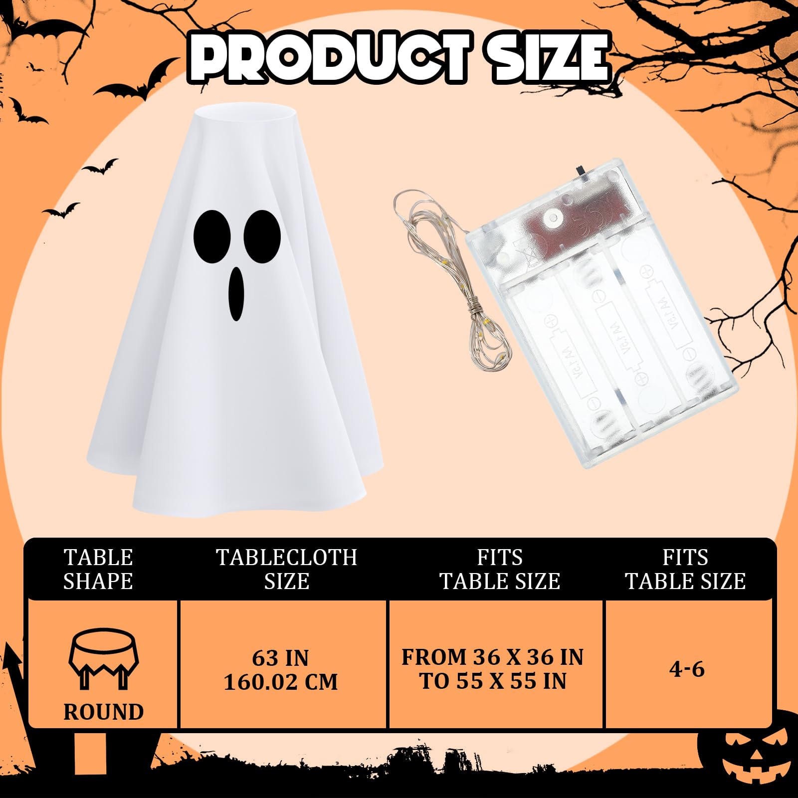 Light-Up Ghost Candy Bowl Decoration with LED String Lights – 63” Halloween Table Cover Set (White & Black)