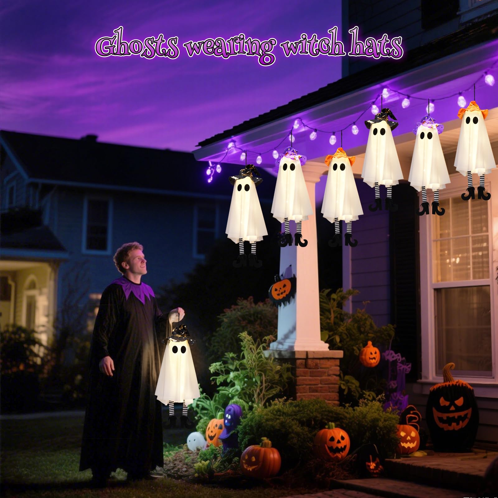 Halloween Hanging Ghost Decorations – 4 Pack Cute Witch Hat Ghost Lights with 3 Flash Modes & Bendable Arms for Indoor & Outdoor Décor