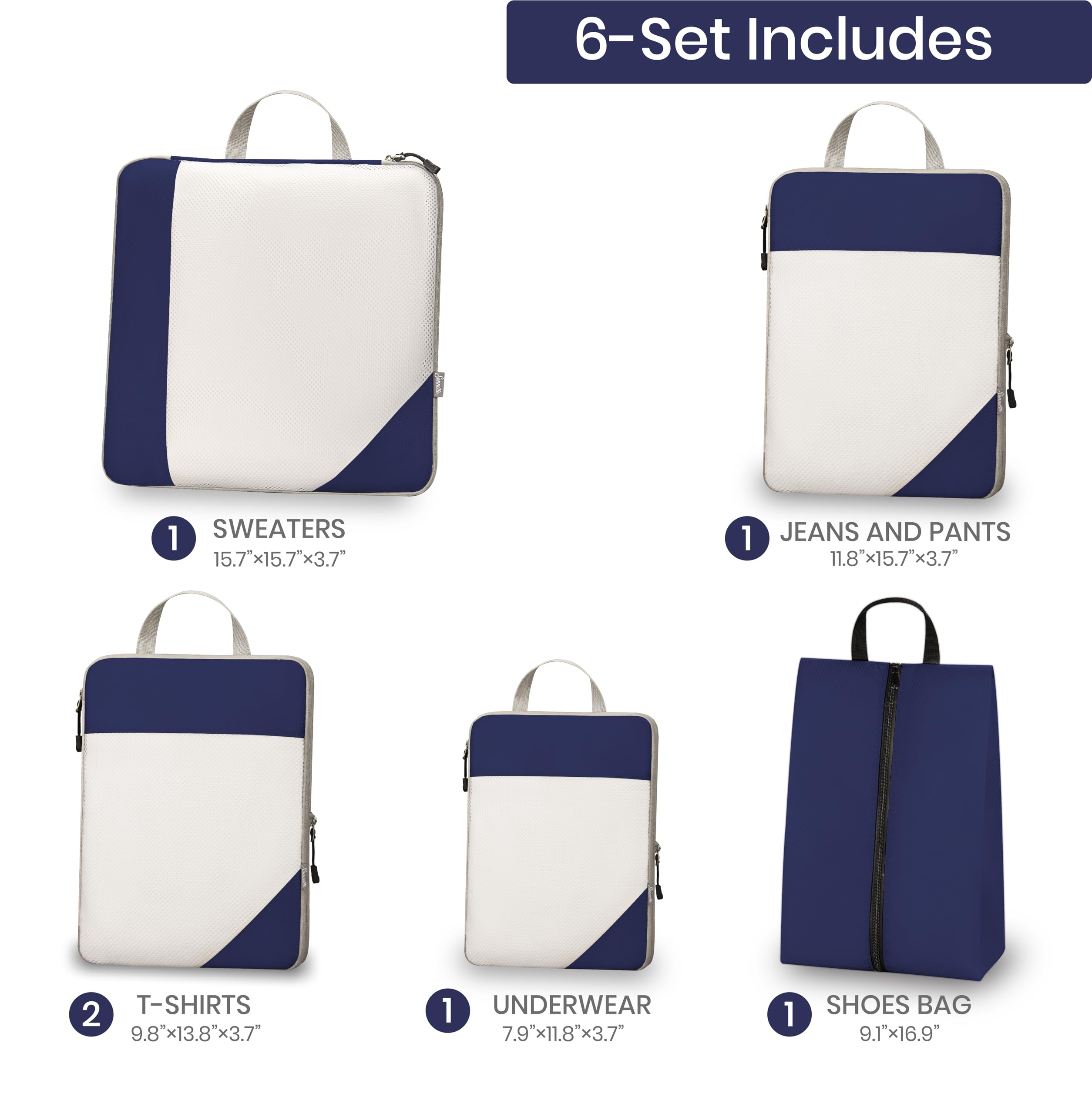 SONNETTO Compression Packing Cubes Set of 6 – Expandable Suitcase Organizers with Mesh for Space Saving Travel Packing