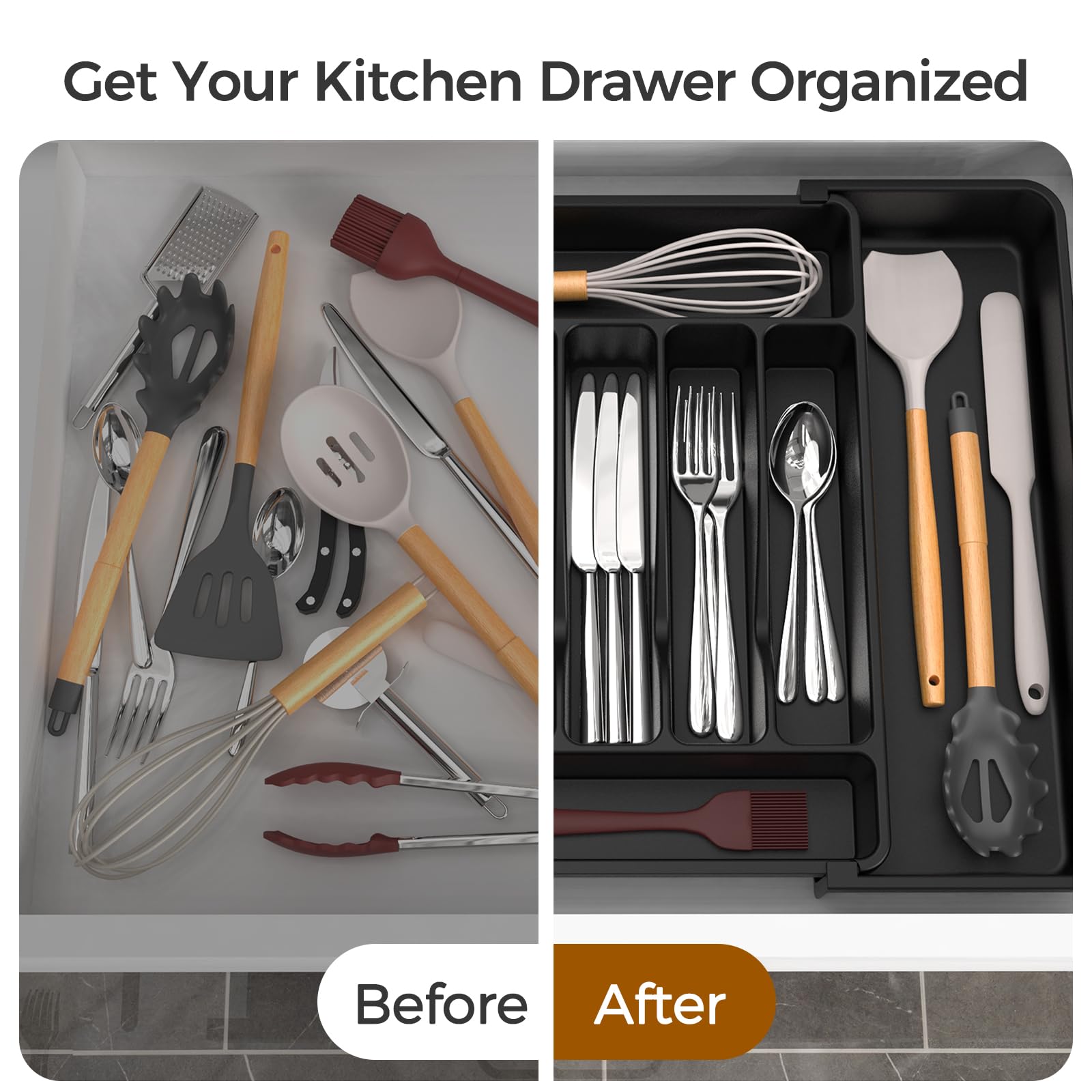 Expandable Silverware Drawer Organizer – Adjustable Cutlery Tray with Deep Compartments (Black)