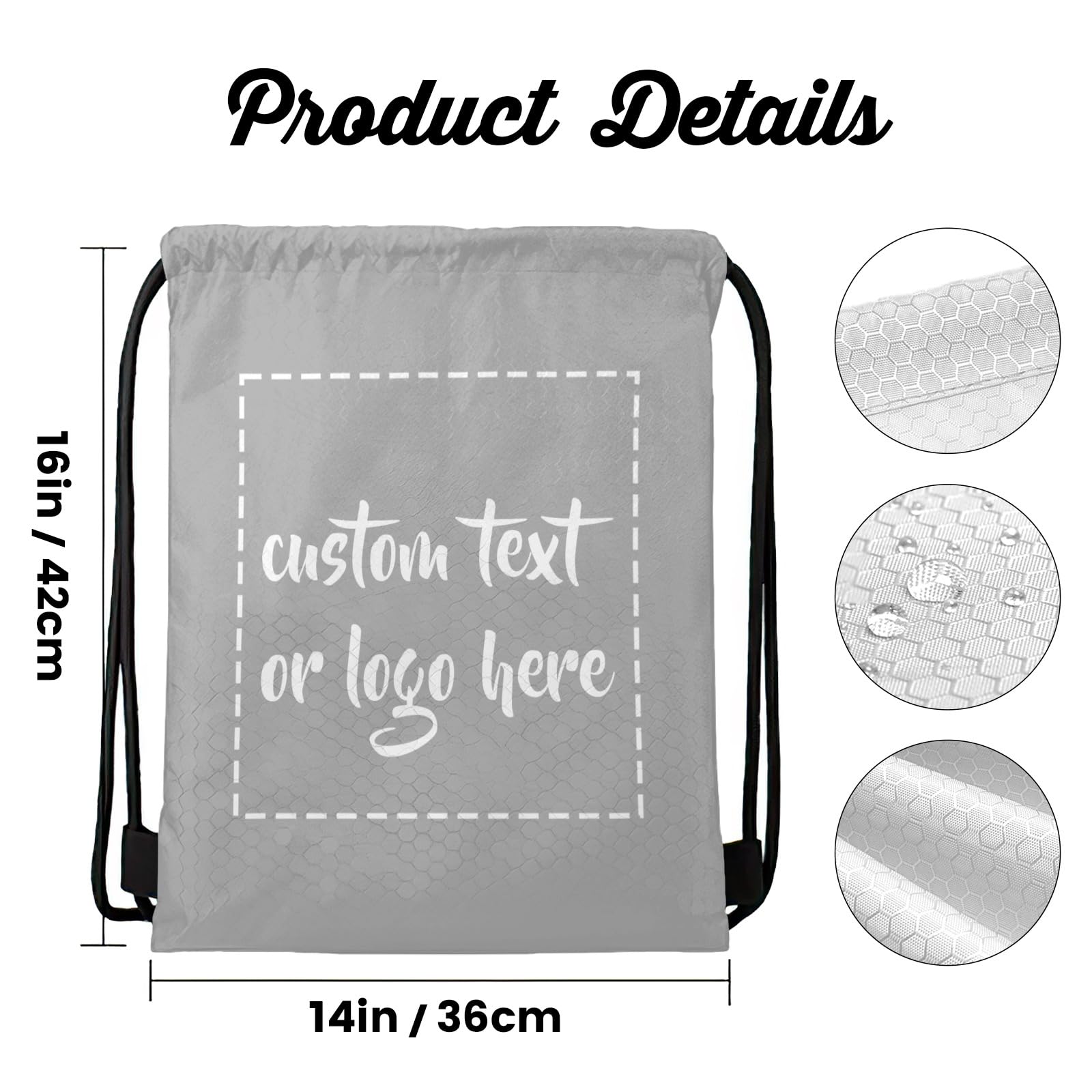 ZAACUSTOM Personalized Drawstring Backpack – Waterproof Oxford Cloth Custom Logo Gym & Sports Cinch Sack (Grey)