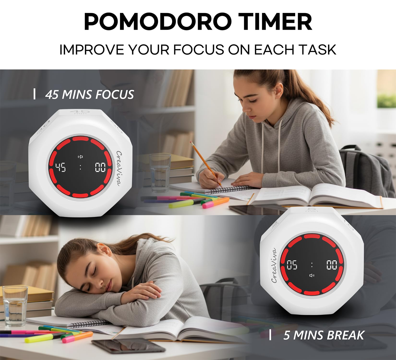 CREAVIVA Smart Flip Cube Pomodoro Timer with Visual Countdown, Stopwatch Mode & Triple Alarm Options – White