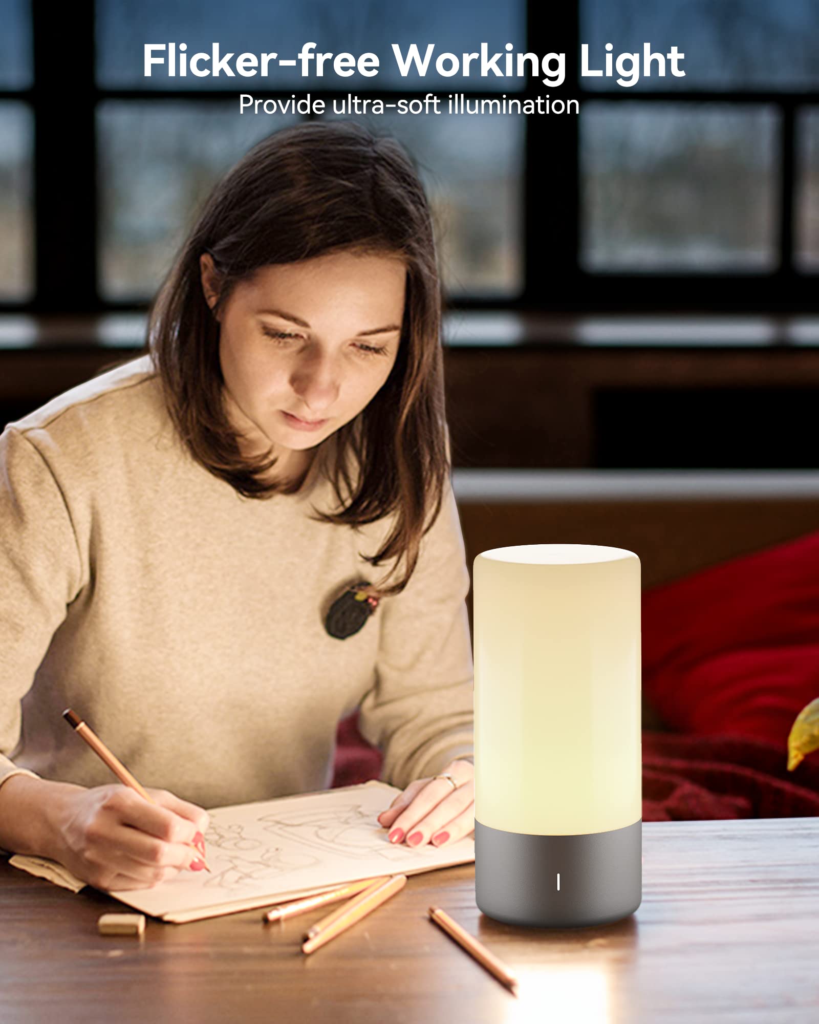 360° Silver Touch Table Lamp – Dimmable RGB Nightstand Light with 3 Brightness Levels