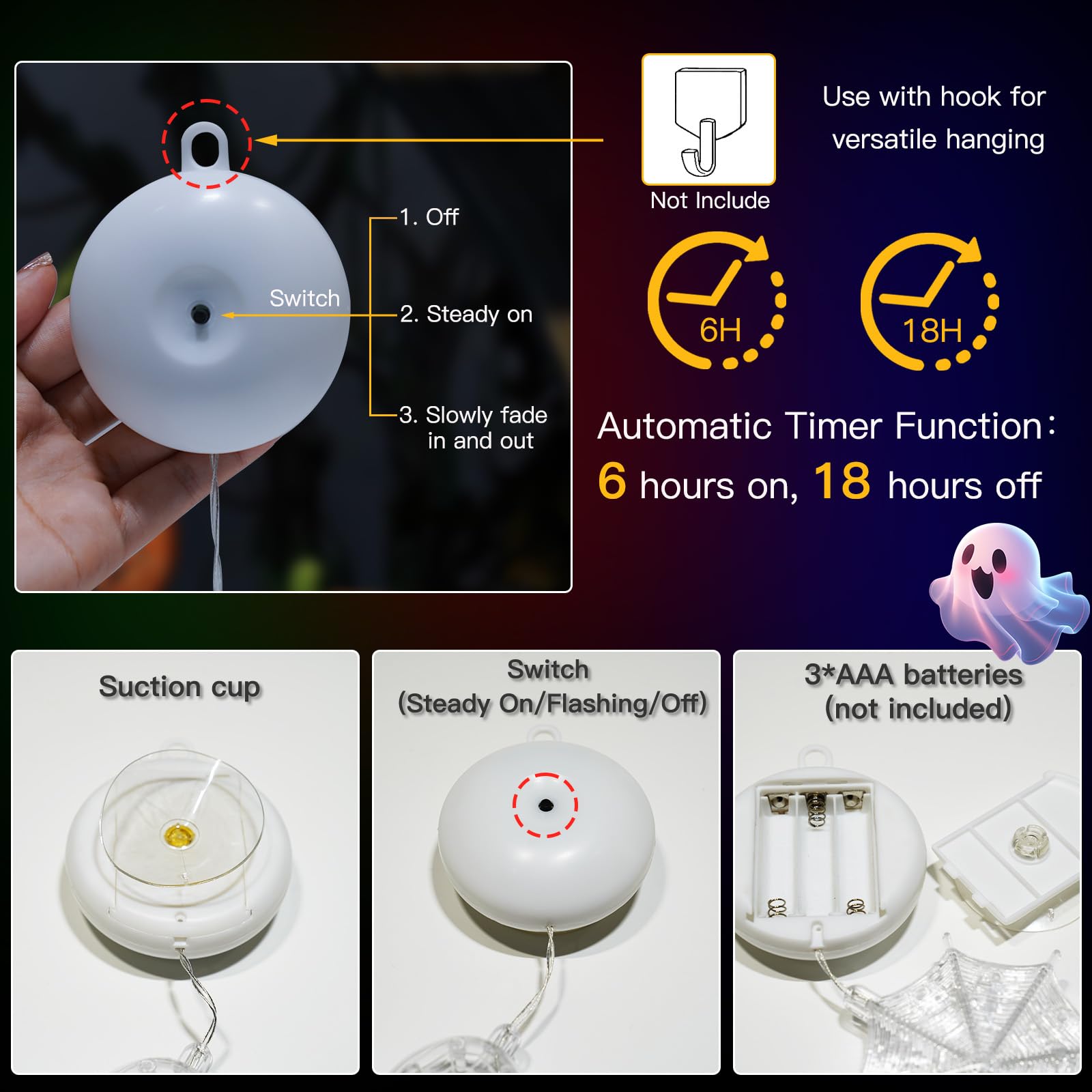 Halloween Window Lights Set – 3 Pack LED Pumpkin, Spider & Witch Hat Decorations with Timer & Flash Modes for Indoor Spooky Glow