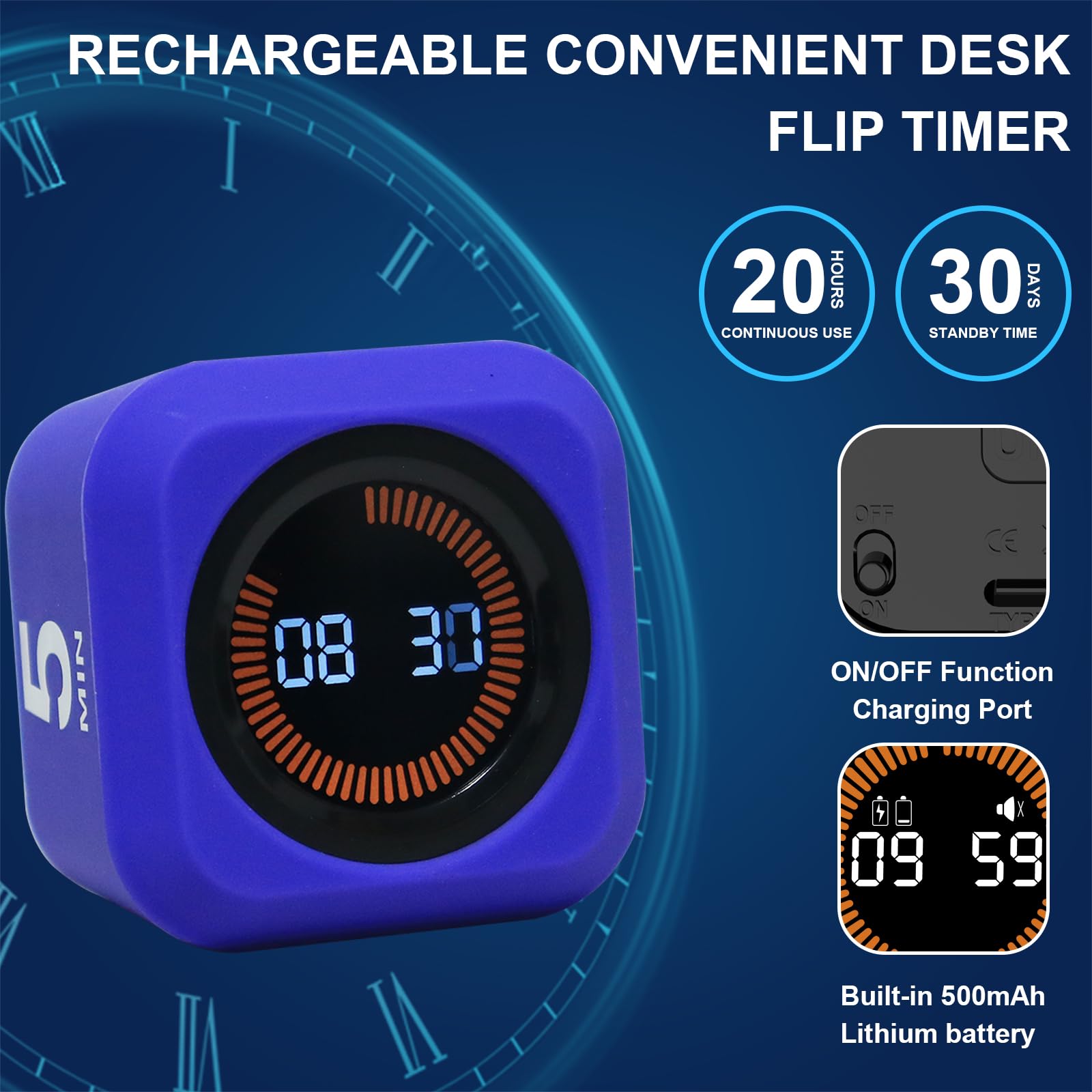 Rotating Visual Pomodoro Timer Cube with LED Ring, Memory Preset & Detachable Silicone Cover, Rechargeable Flip Countdown for Study, Work & Kitchen – Black