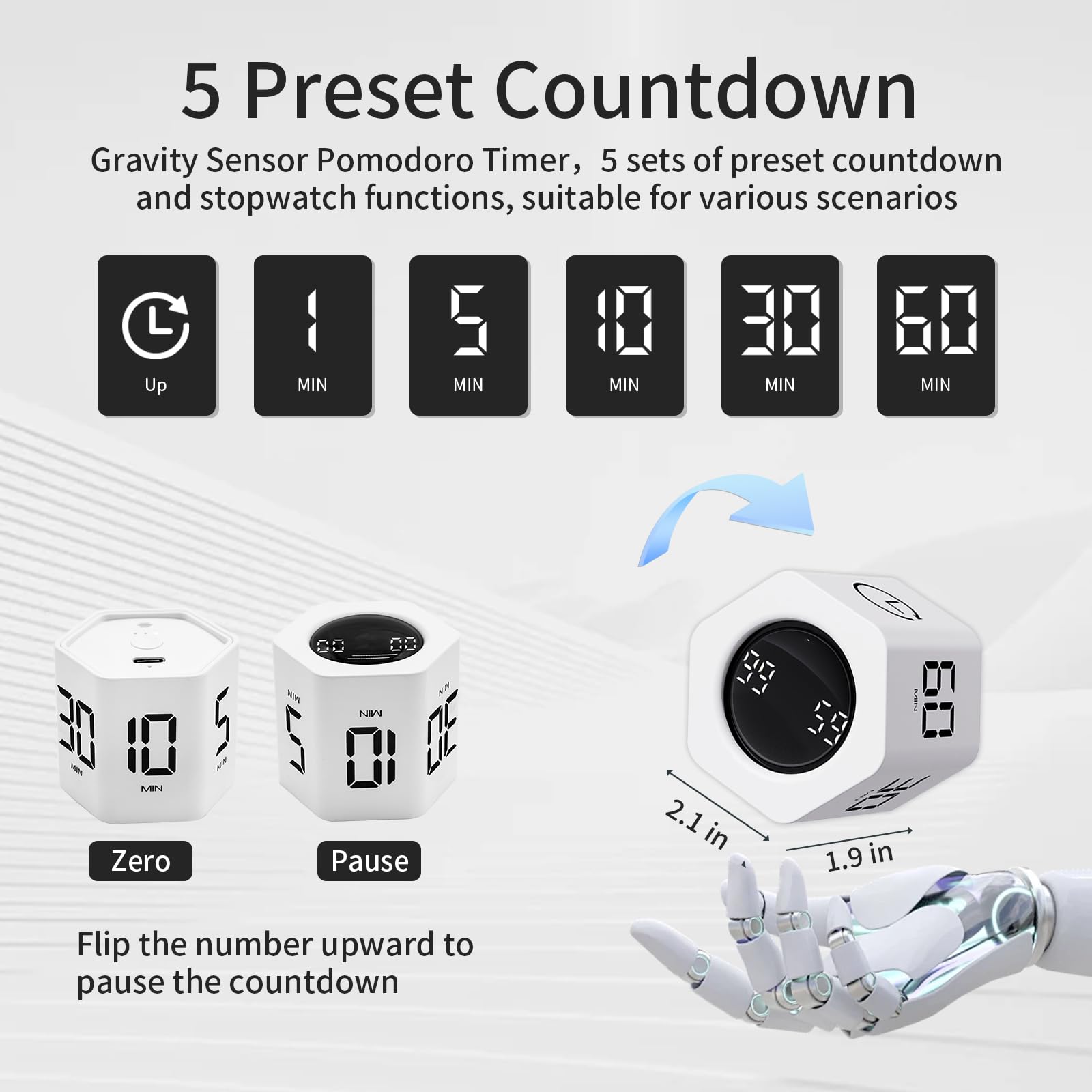 Lucky Time Hexagon Productivity Timer with Flip Control, Custom Countdown & Count-Up, Silent Vibration Desk Timer for Work, Study & Kitchen – White