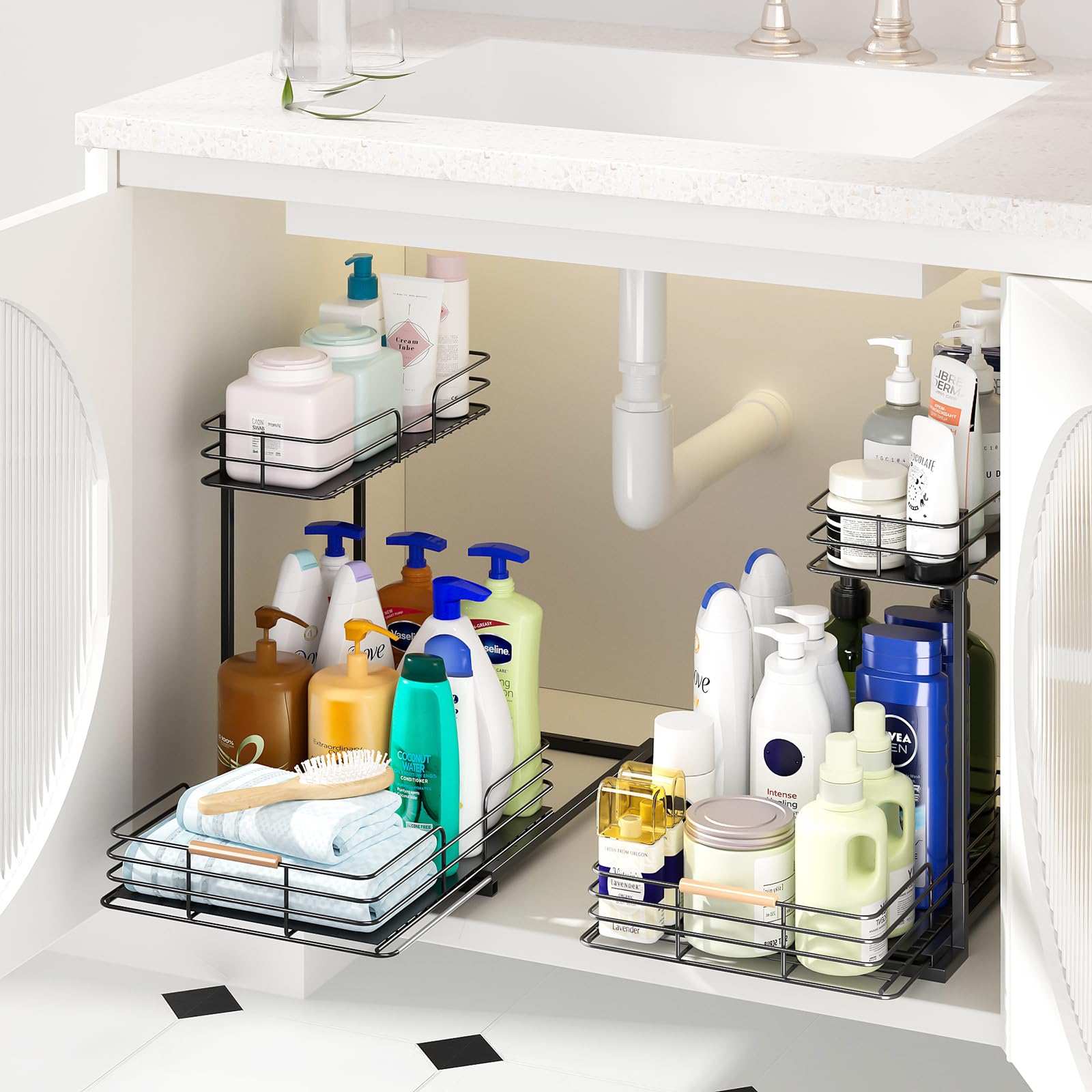 Lamu 2-Pack Under-Sink Pull-Out Organizers – Large L-Shaped 2-Tier Cabinet Storage with Silent Glide