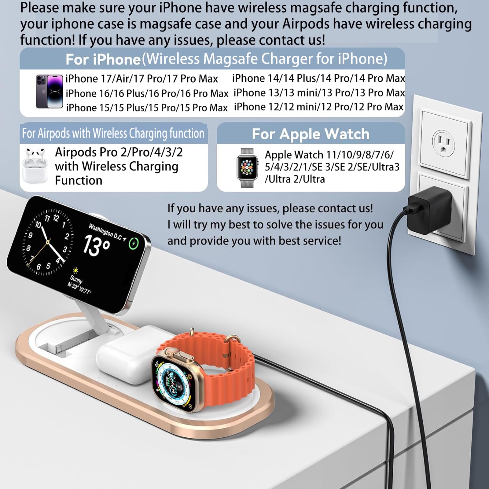 3-in-1 Foldable MagSafe Wireless Charger Stand for iPhone, Apple Watch & AirPods (Golden)