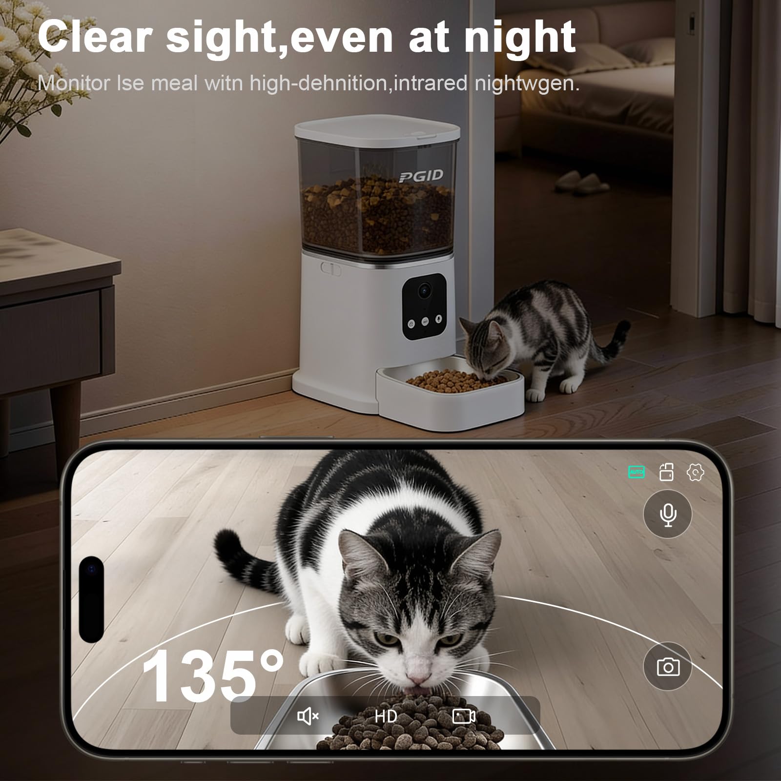 Smart Automatic Cat Feeder with 5L Food Storage, HD Camera, App Control, Motion Detection, and Two-Way Audio for Remote Feeding