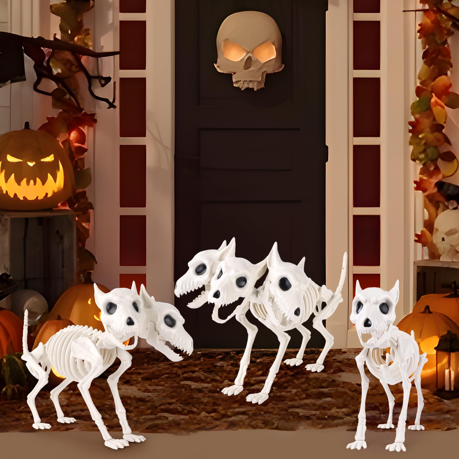 JOICEE 12’’ Halloween Dog Skeleton, Three-Headed Spooky Realistic Halloween Puppy Dog Skeleton Statue Prop for Scary Props Party Decoration