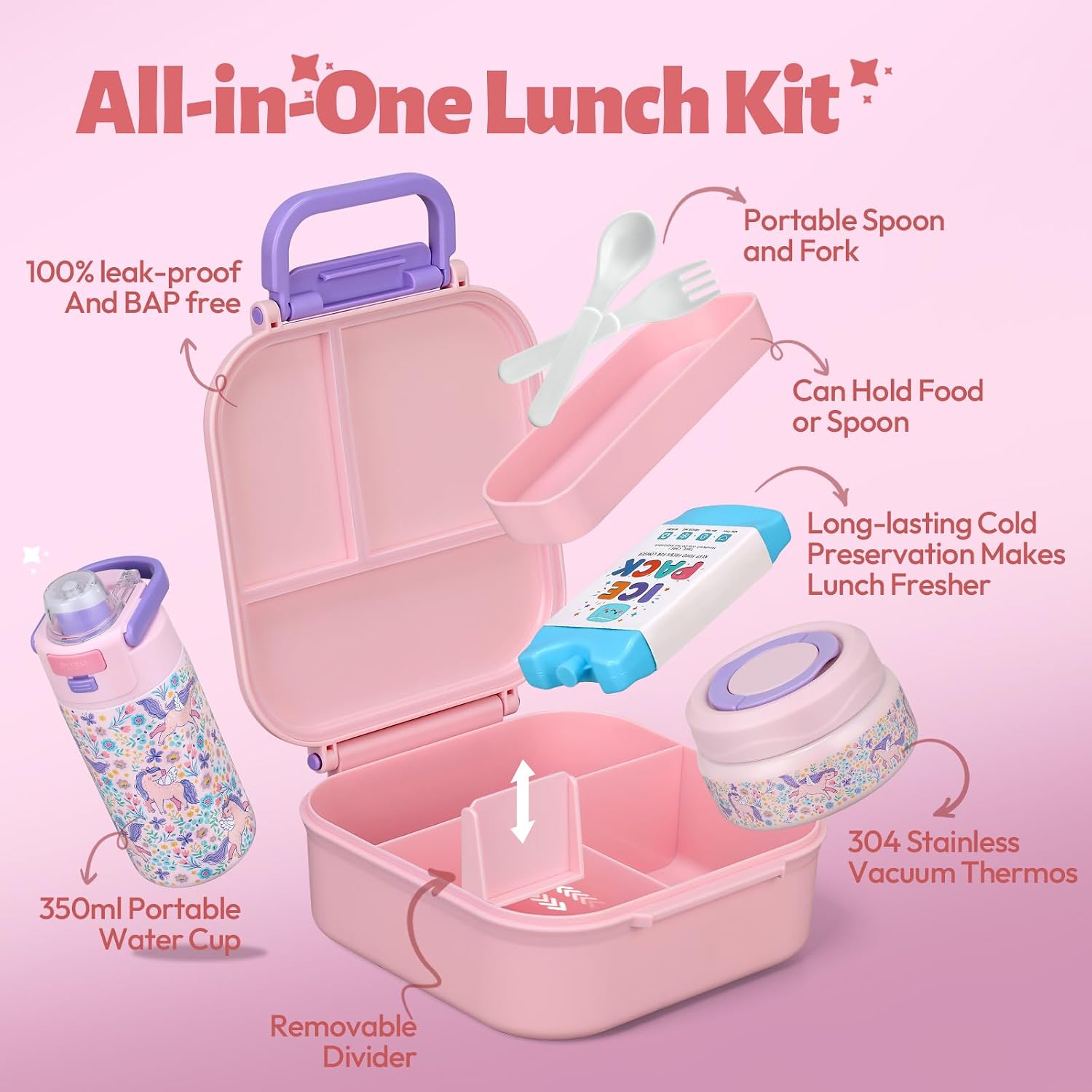 Pink 42 oz Bento Travel Set with Thermos and Bottle