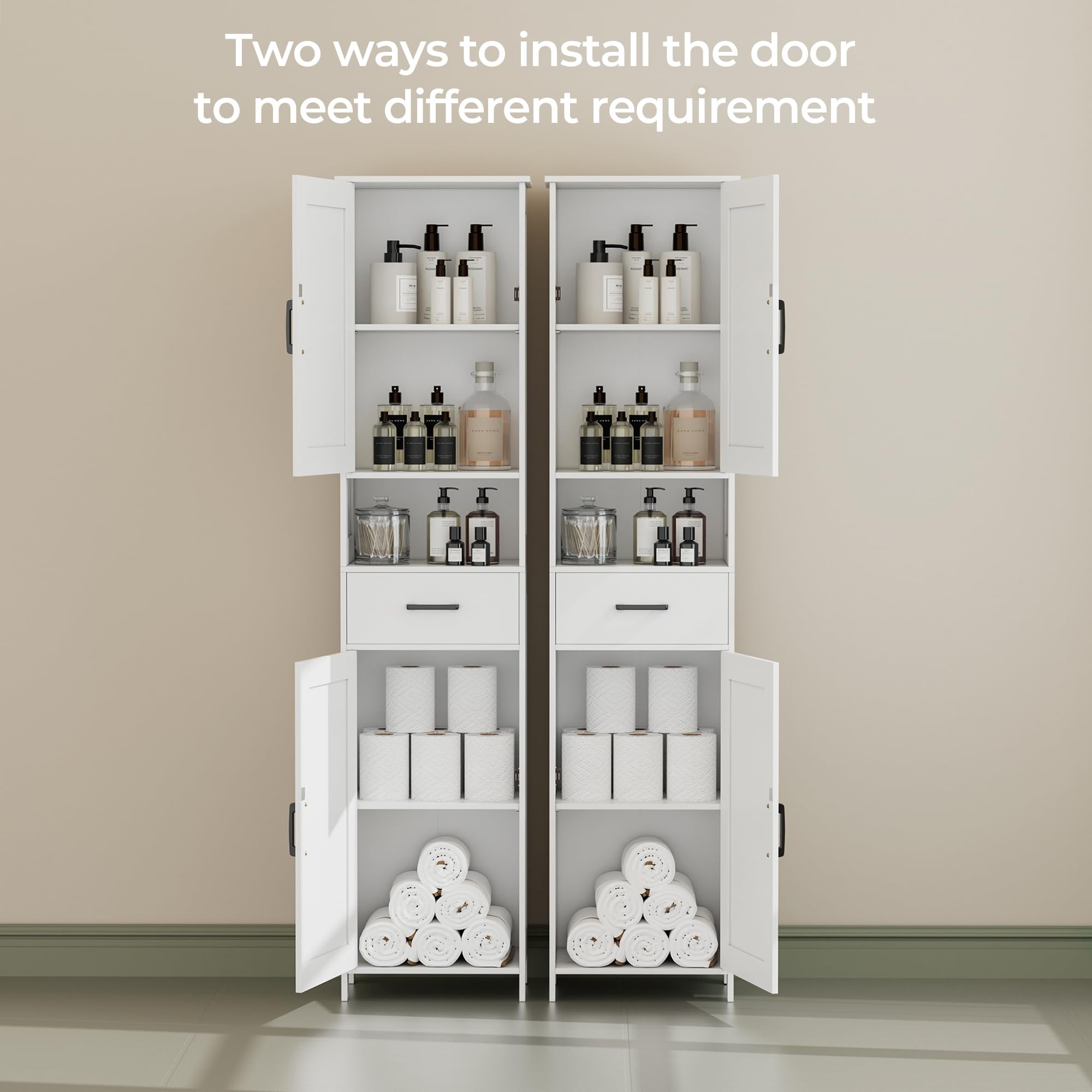 HOMHEDY 67" Tall Bathroom Storage Cabinet – Slim Floor Cabinet with Barn Doors, Drawer & Adjustable Shelves (White)