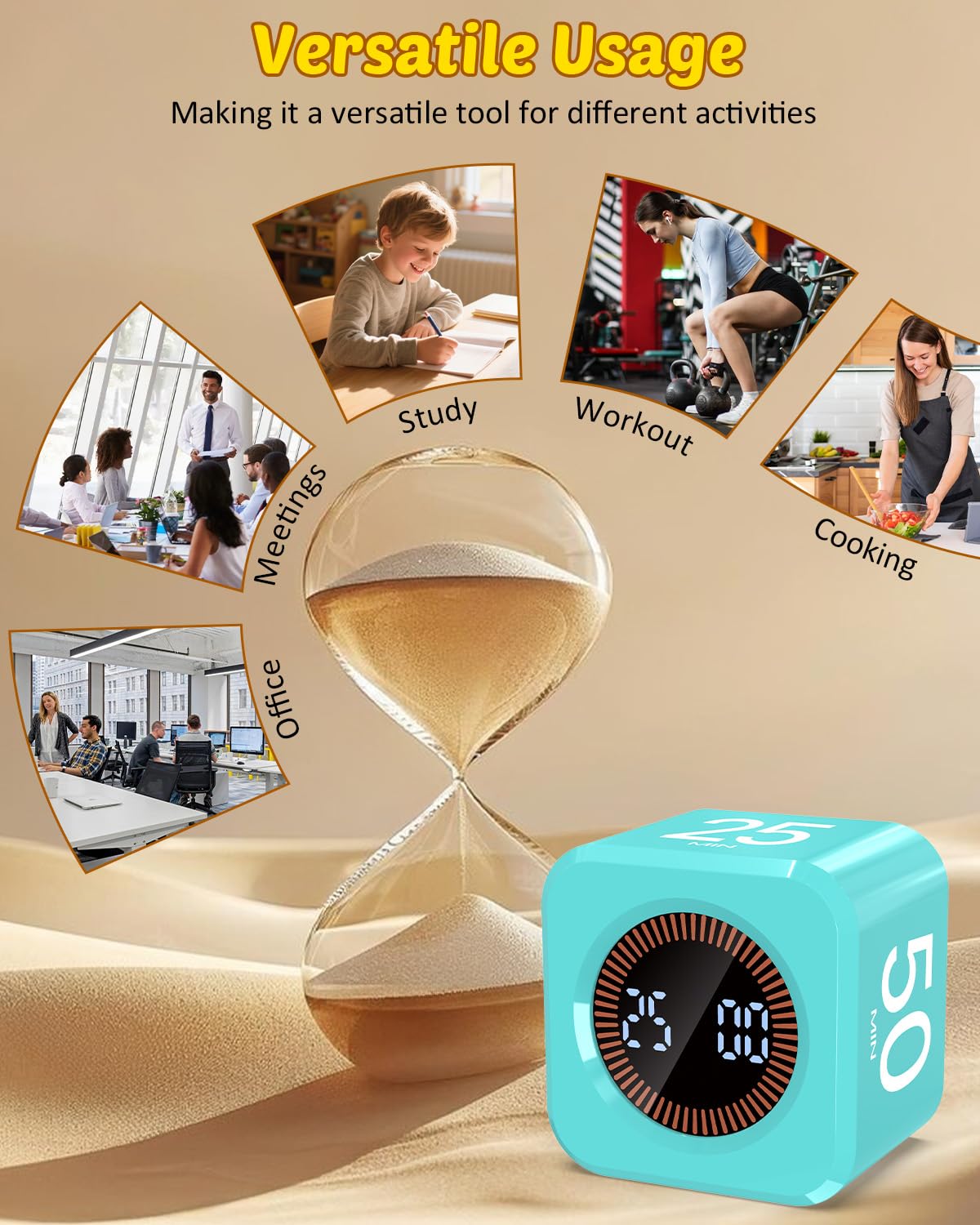 COWVTUJ Mint Green Flip Cube Pomodoro Timer with Visual LED Time Bars, Silent Mode & USB-C Rechargeable Design