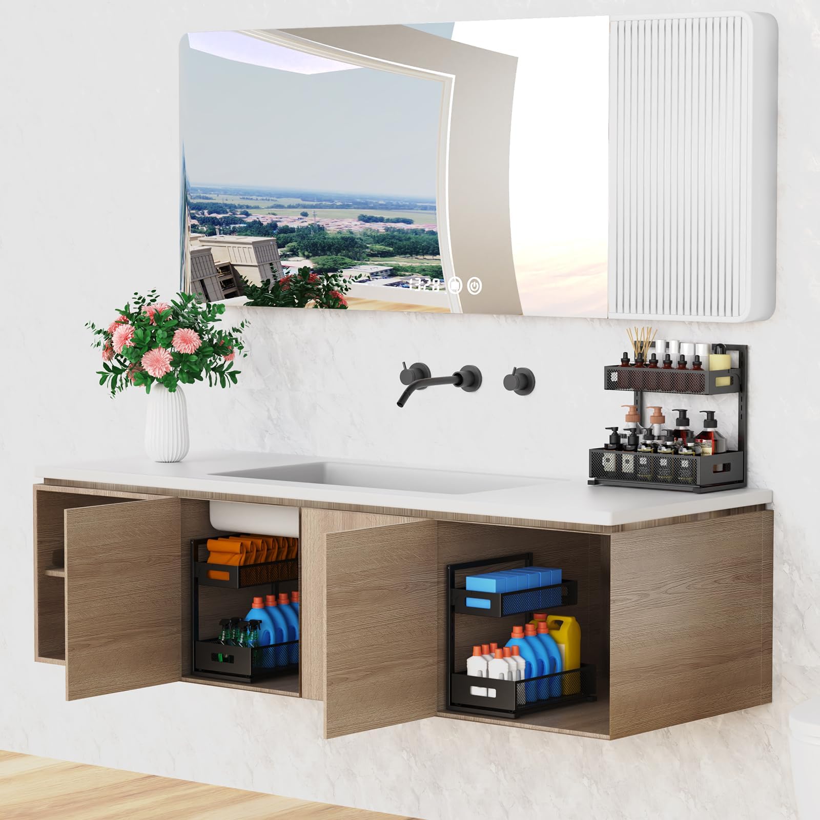 Petiza Adjustable Under Sink Organizer – 2 Tier Pull-Out Cabinet Storage (Black)