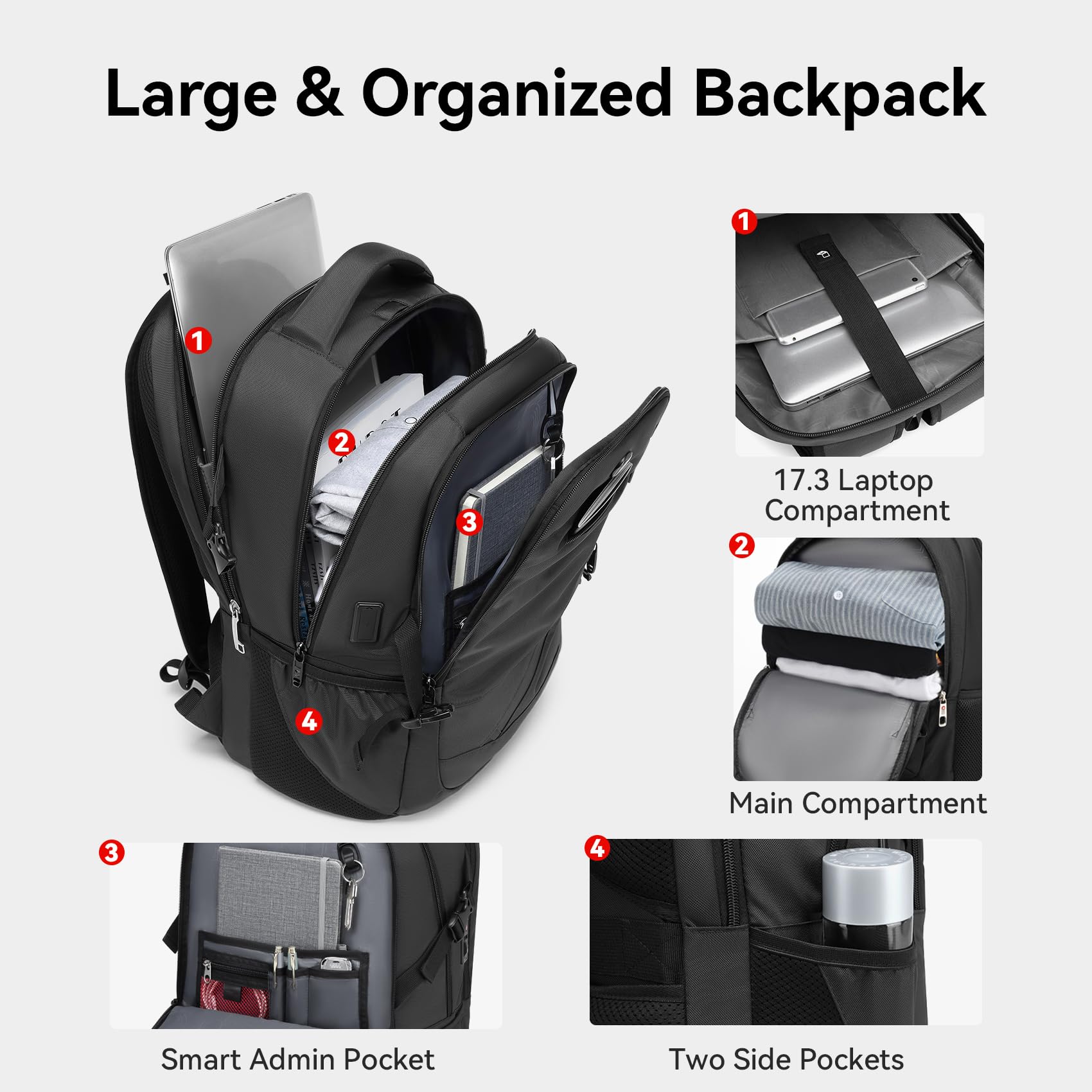 CROSSGEAR Large Travel Laptop Backpack – TSA Lock Anti-Theft Business Backpack with USB Port, Fits up to 17.3” Laptops (Black)