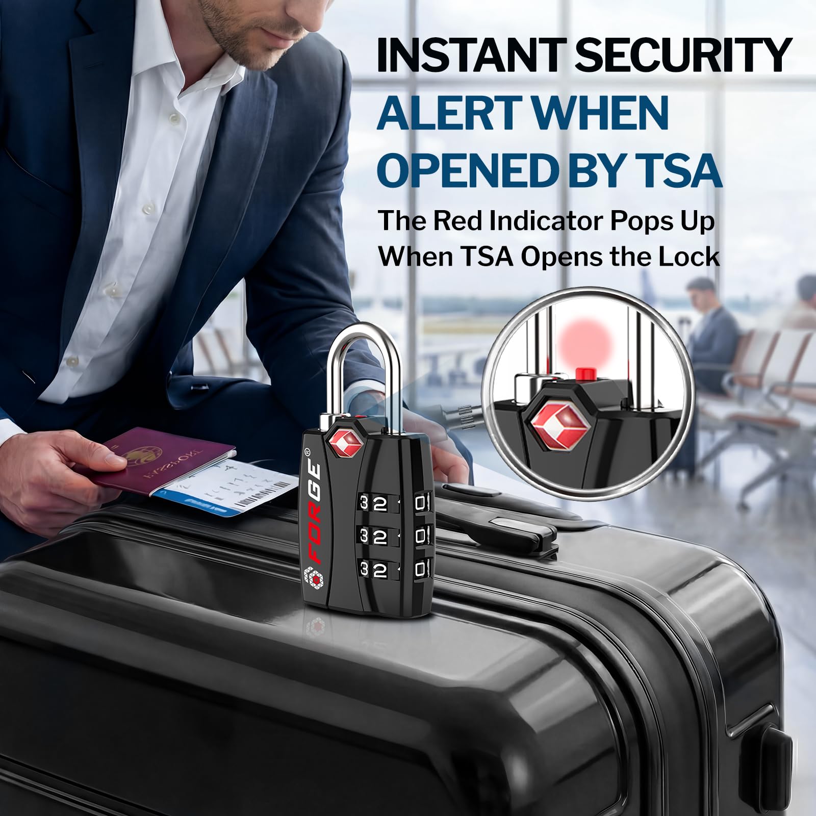 Heavy Duty TSA Approved Luggage Lock with Open Alert Indicator, 3-Digit Combination Travel Security Lock for Suitcases & Bags