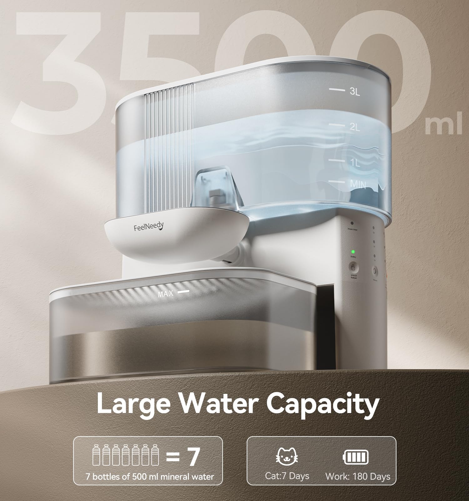 Cordless 3.5L Self-Cleaning Pet Water Fountain with Wastewater Separation & Stainless Steel Bowl