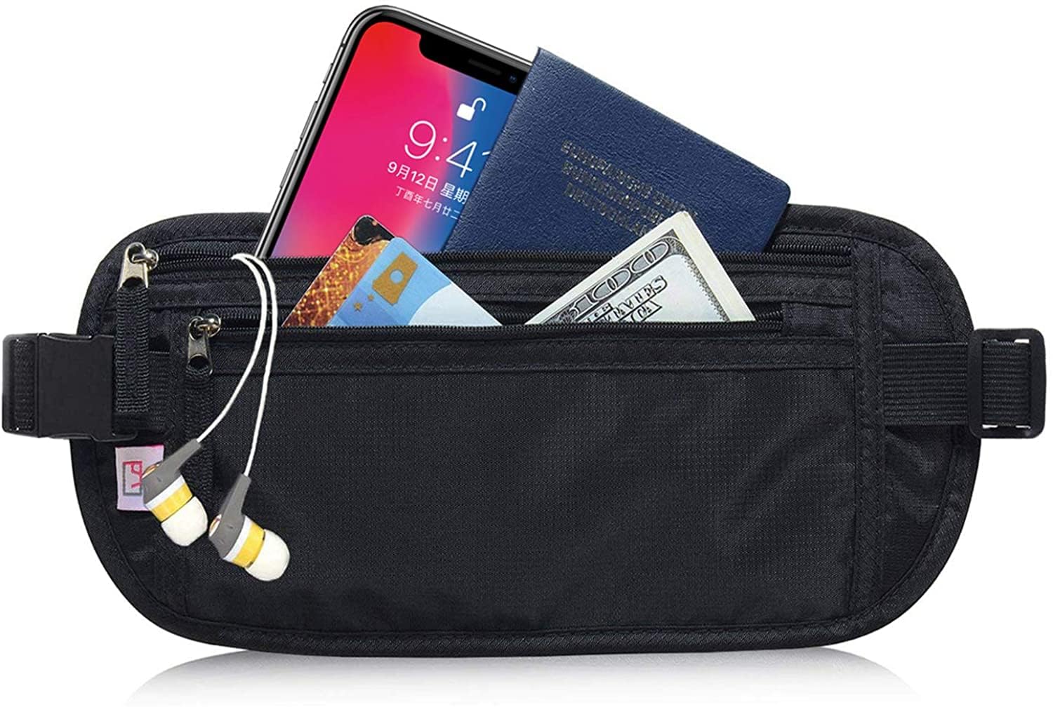 RFID Blocking Money Belt & Passport Holder – Hidden Travel Wallet for Men & Women (Black)
