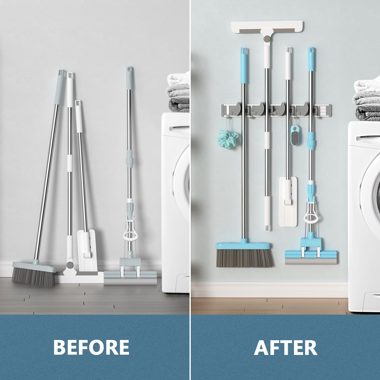 HOLIKME Wall-Mounted Mop & Broom Holder – Metal Tool Organizer with 4 Slots & 4 Hooks, No-Slip Design (Silver)