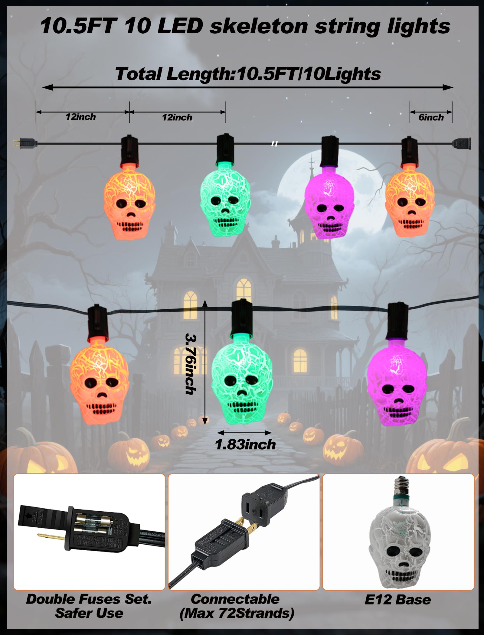 Crackle Skull String Lights – 10Pc Gothic Halloween LED Set with End-to-End Connectors (Multicolor, Indoor & Outdoor Use)