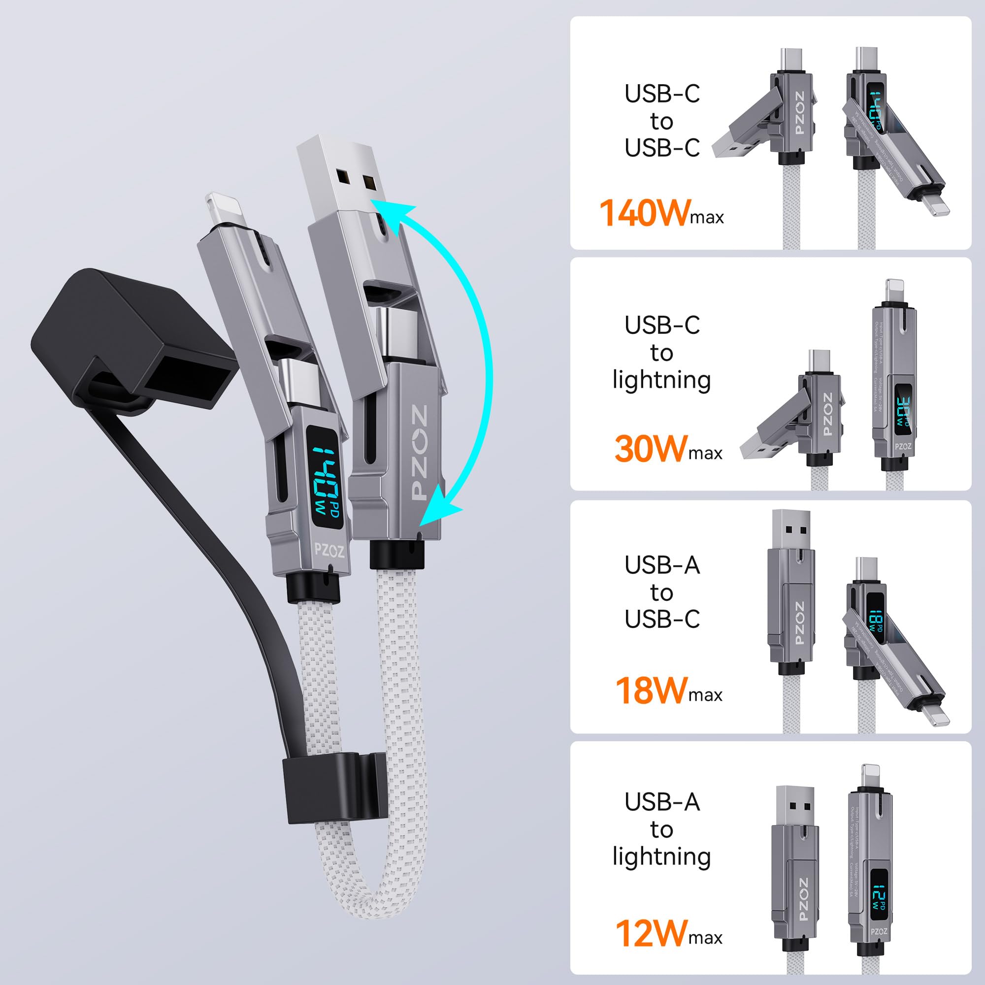 4-in-1 Keychain Fast Charging Cable – 140W USB-C, Lightning & USB-A Multi Charging Adapter
