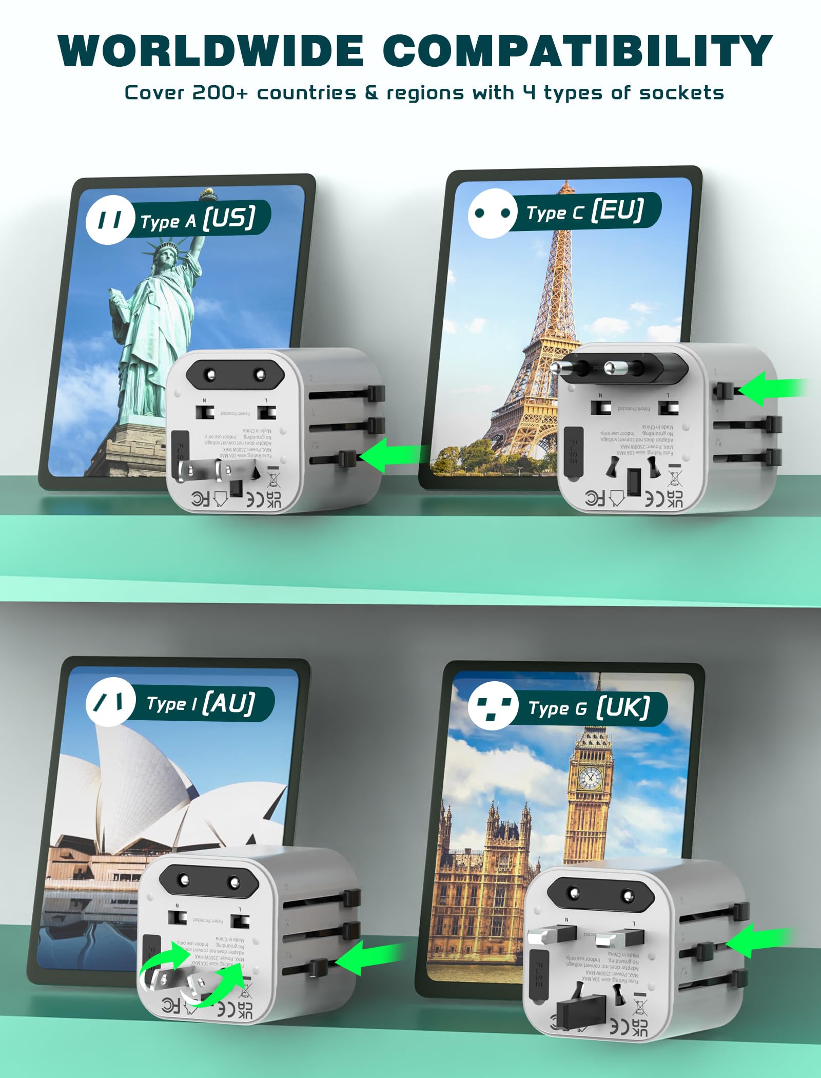 TECSIX Universal Travel Adapter – Compact 2500W Worldwide Plug Adapter for 200+ Countries (White)