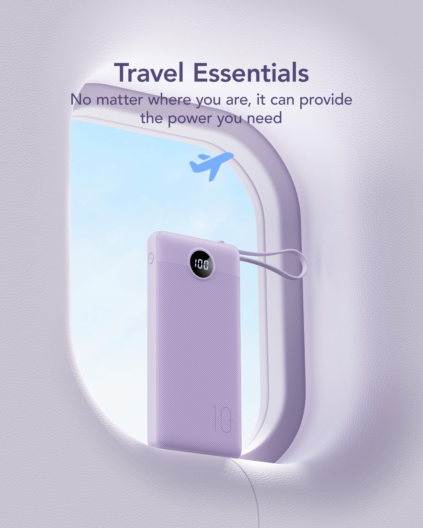 VRURC 10000mAh Slim Power Bank with Built-in Multi Cables & USB-C Fast Recharge – Smart Travel Battery Pack Lavender