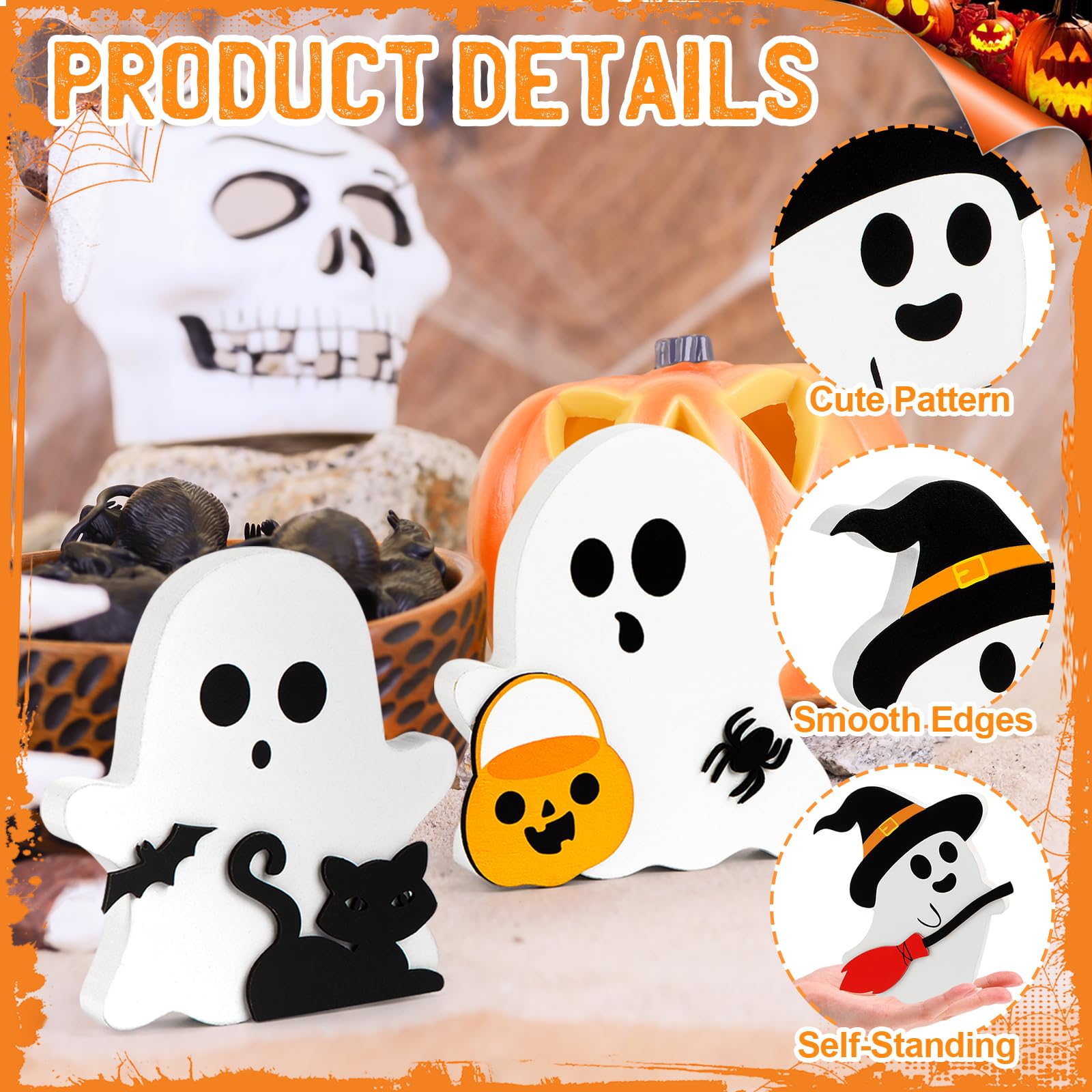 Cute Wooden Halloween Tiered Tray Decorations – 3-Piece Ghost, Pumpkin & Cat Table Decor Set
