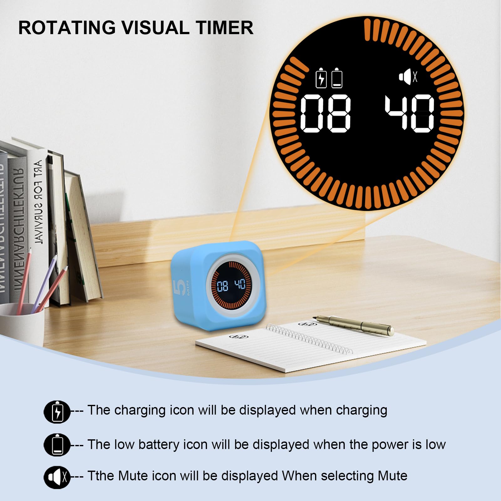 Rotating Visual Pomodoro Timer Cube with LED Ring, Memory Preset & Detachable Silicone Cover, Rechargeable Flip Countdown for Study, Work & Kitchen – Black