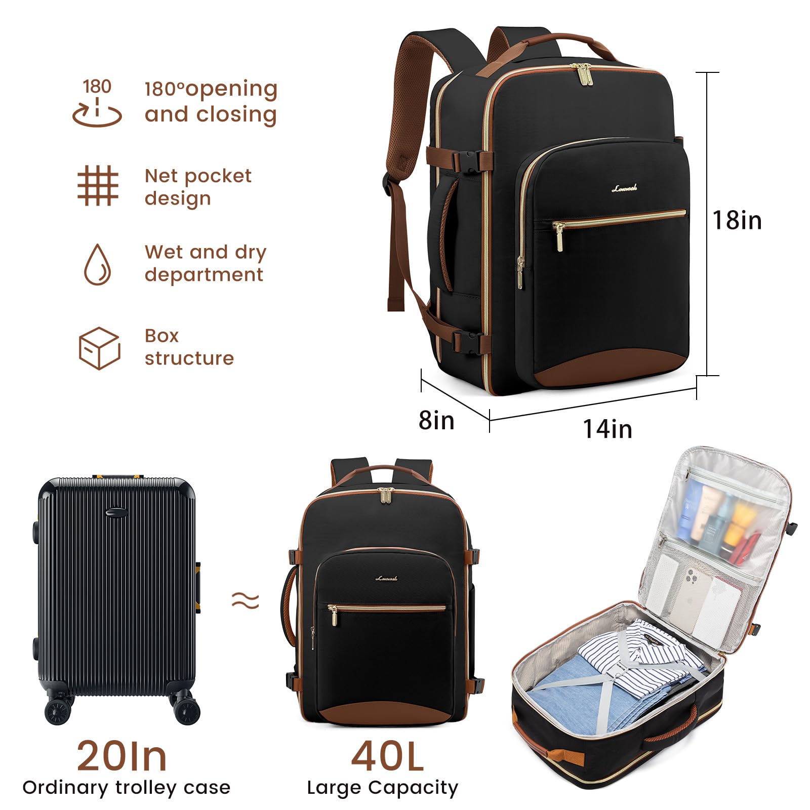 LOVEVOOK 40L Carry-On Travel Backpack with Box-Style Opening & Packing Cubes – Airline Approved