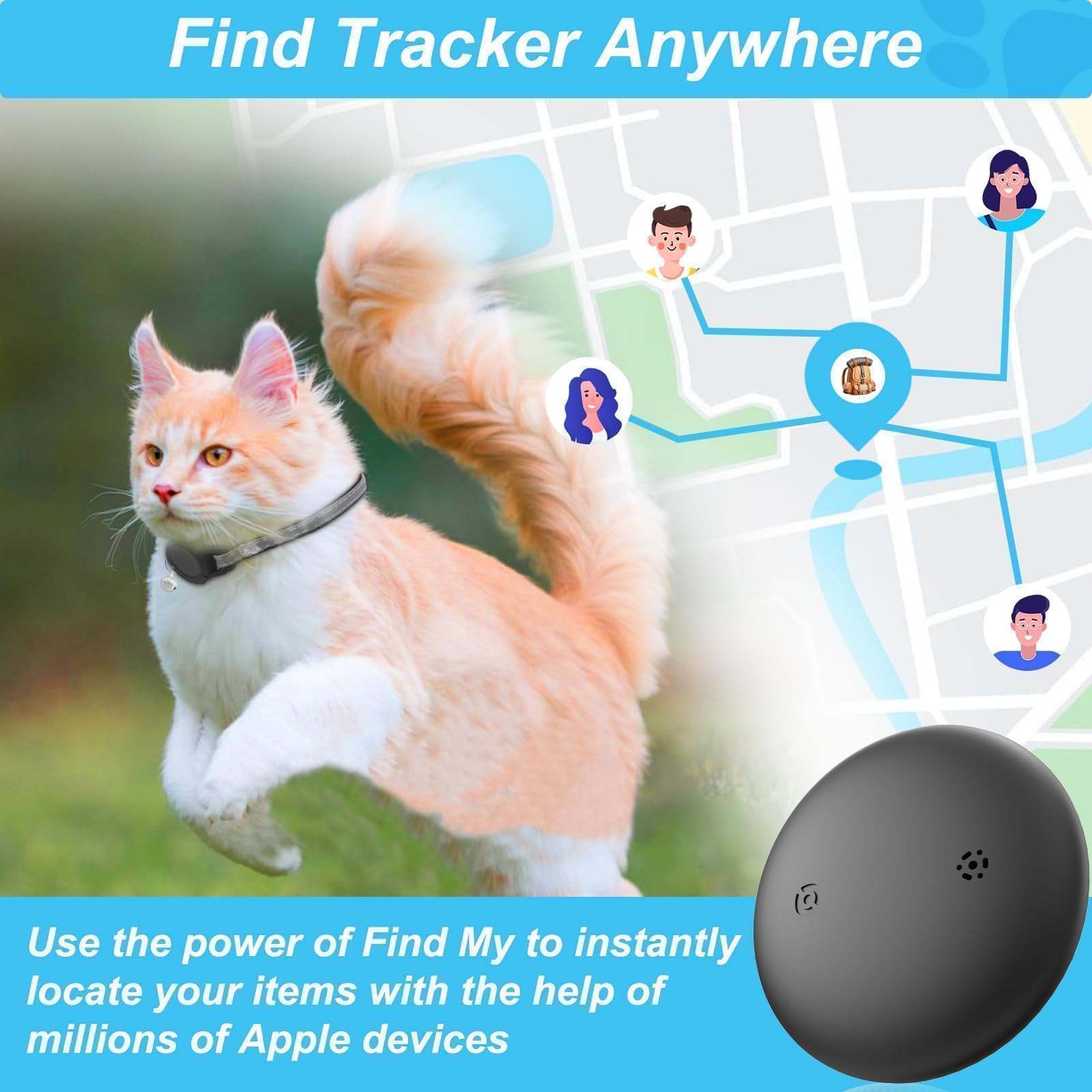 Mini GPS Cat Tracker Collar Apple Find My Compatible Waterproof Reflective Smart Cat Tracking Device No Subscription